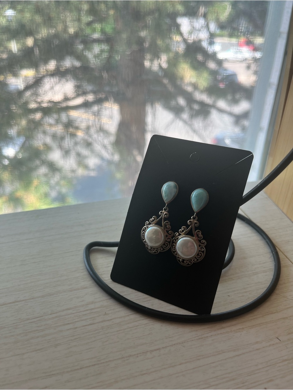 Filigree Drop Earrings with Larimar Teardrop and Pearl Accent